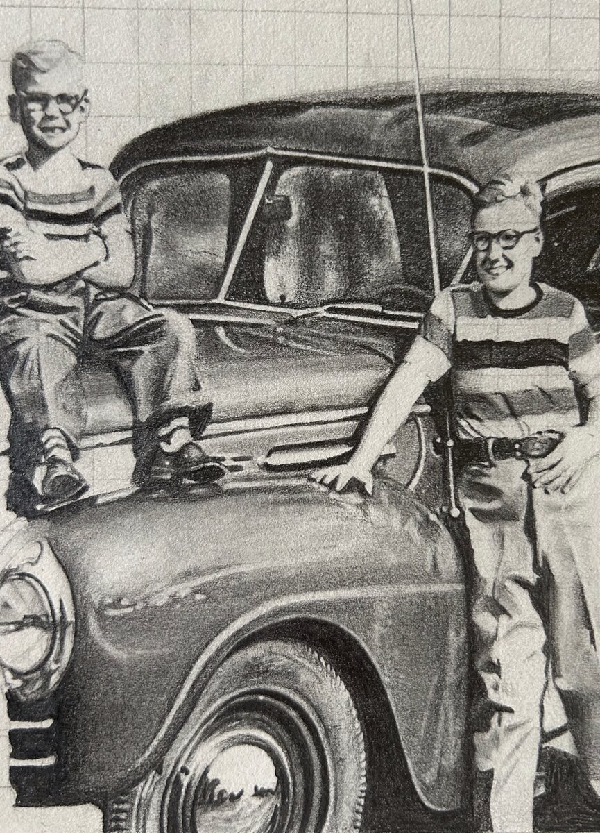 Charcoal portrait of two boys with a vintage truck