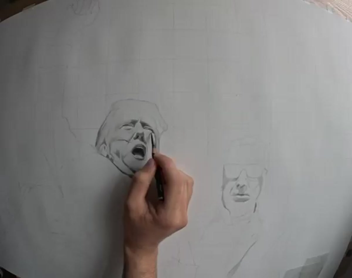 Luis Miguel drawing with charcoal — hand at work